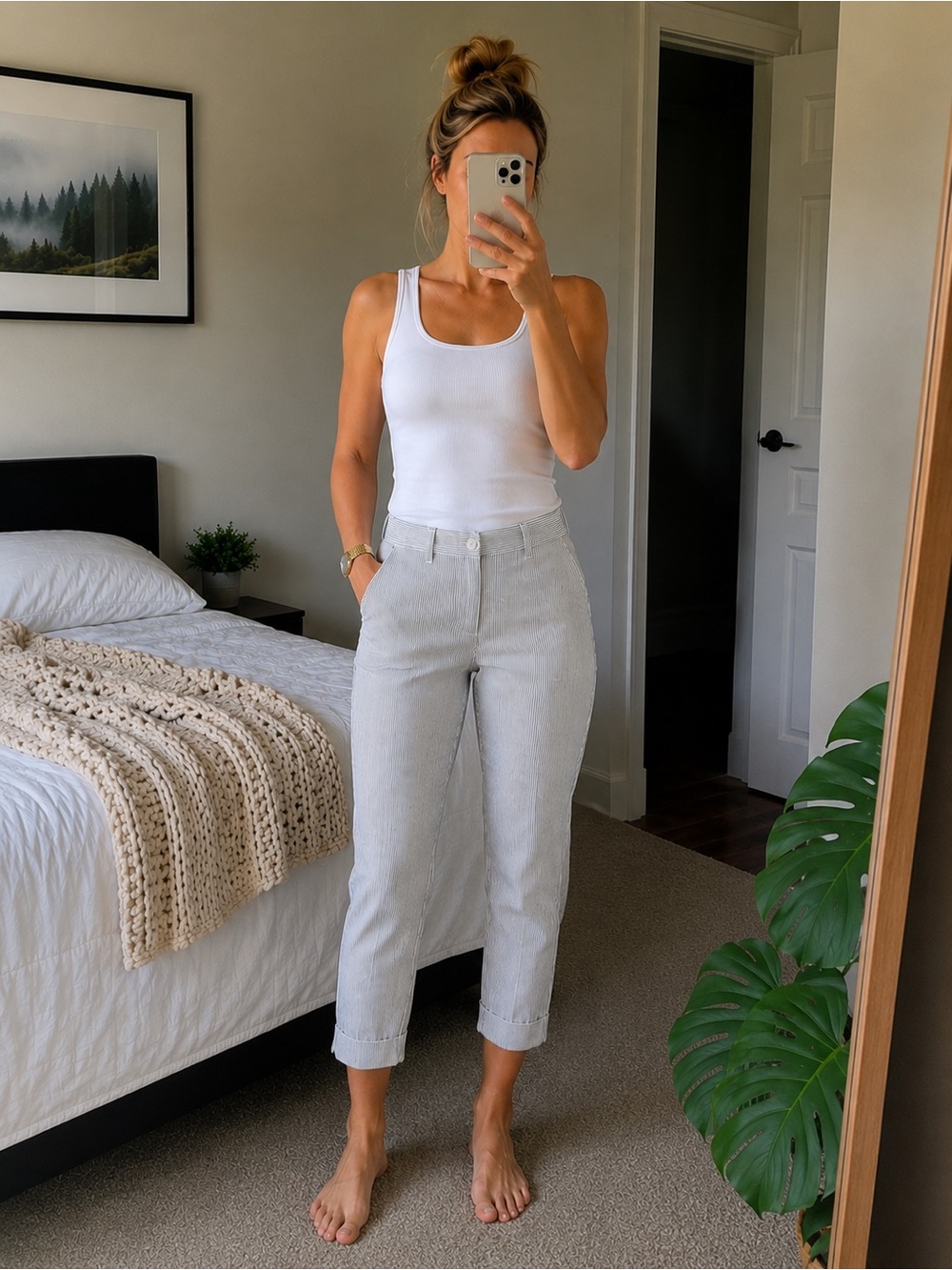 Hollister Blue White Pinstripe Cropped Pants Ankle Coastal Size M